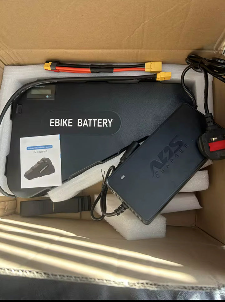 52v 2000w Ebike kit battery from electric conversion kit, featuring a sleek black battery with branding and wiring components.