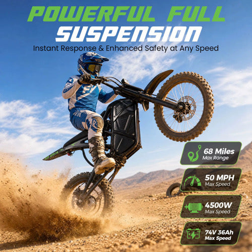 Electric dirt bike VIPCOO VP-H3 ULTRA from The Ebike Shop, featuring rugged tires, sleek black frame, and handlebar controls.