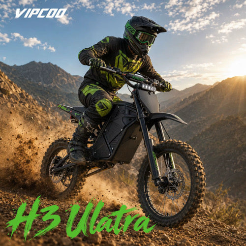 VIPCOO VP-H3 Ultra electric dirt bike from The Ebike Shop, shown with rugged tires and sleek black frame.