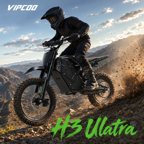Electric dirt bike VIPCOO VP-H3 ULTRA from The Ebike Shop, shown with rugged tires and sleek design for off-road riding.