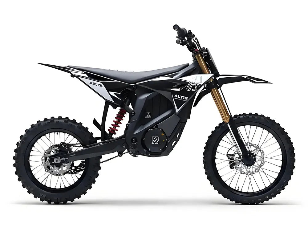 Altis Delta electric dirt bike by The Ebike Shop with rugged tires, sleek black frame, and handlebar controls for off-road riding.