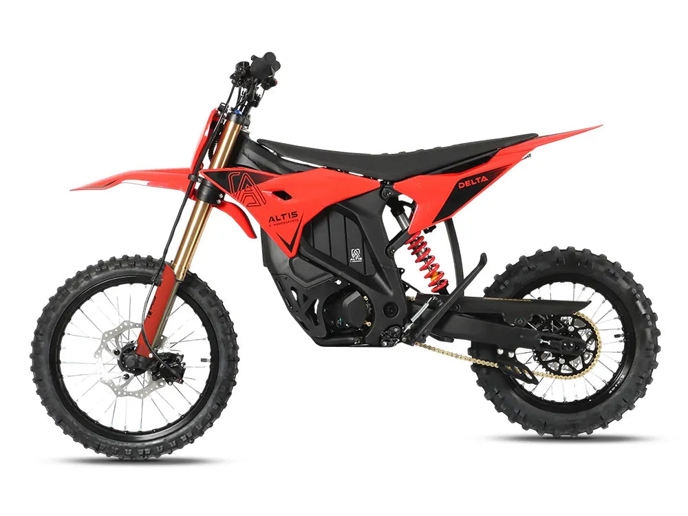 Altis Delta electric dirt bike from The Ebike Shop, shown outdoors with knobby tires and a sleek black and red frame.
