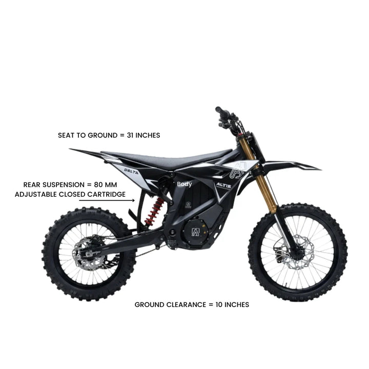 Altis Delta electric dirt bike by The Ebike Shop with rugged tires and sleek frame, designed for off-road riding.
