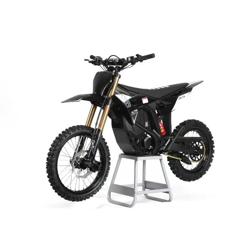 Altis Delta electric dirt bike from The Ebike Shop with rugged tires, black frame, and sleek design for off-road riding.