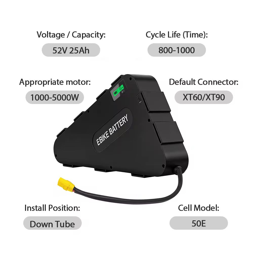 Triangle downtube LG ebike battery for UK stock, 52V 20Ah 25Ah or 30Ah, electric bike battery compatible with various e-bikes.