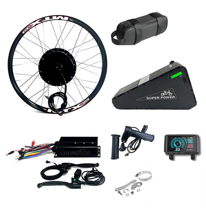 Electric conversion kit with 72V 3000W motor and battery from The Ebike Shop, showing the kit components and battery pack.