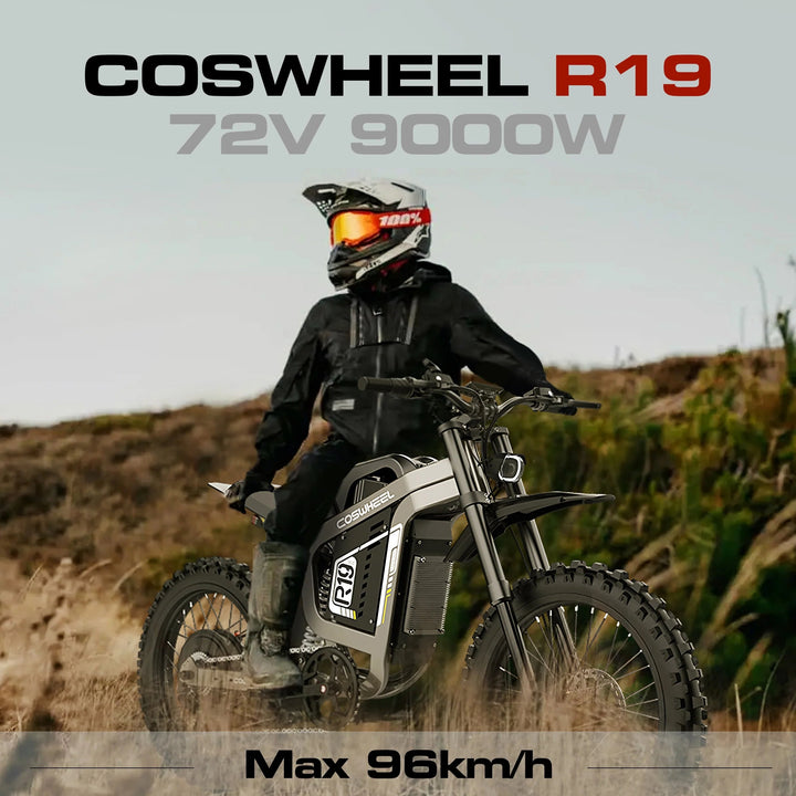 Coswheel R19 electric dirt bike off-road with 9000W motor, rugged design, black frame, and knobby tires for off-road adventure.