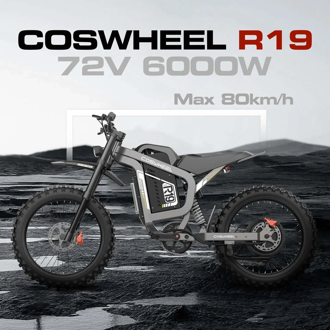 Coswheel R19 electric dirt bike off-road with 9000w motor, rugged tires, and sporty design for adventurous riding.