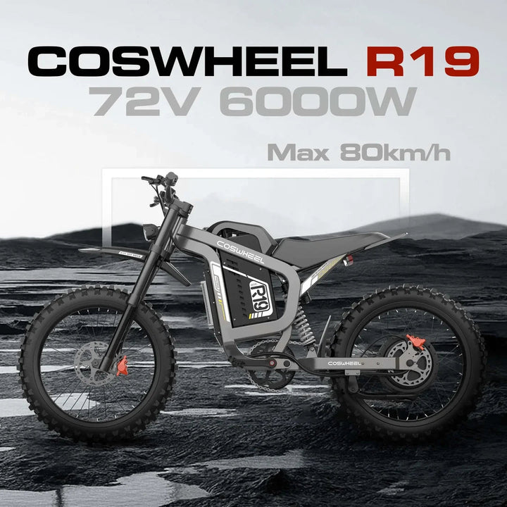 Coswheel R19 electric dirt bike off-road with 9000w motor, rugged tires, and sporty design for adventurous riding.