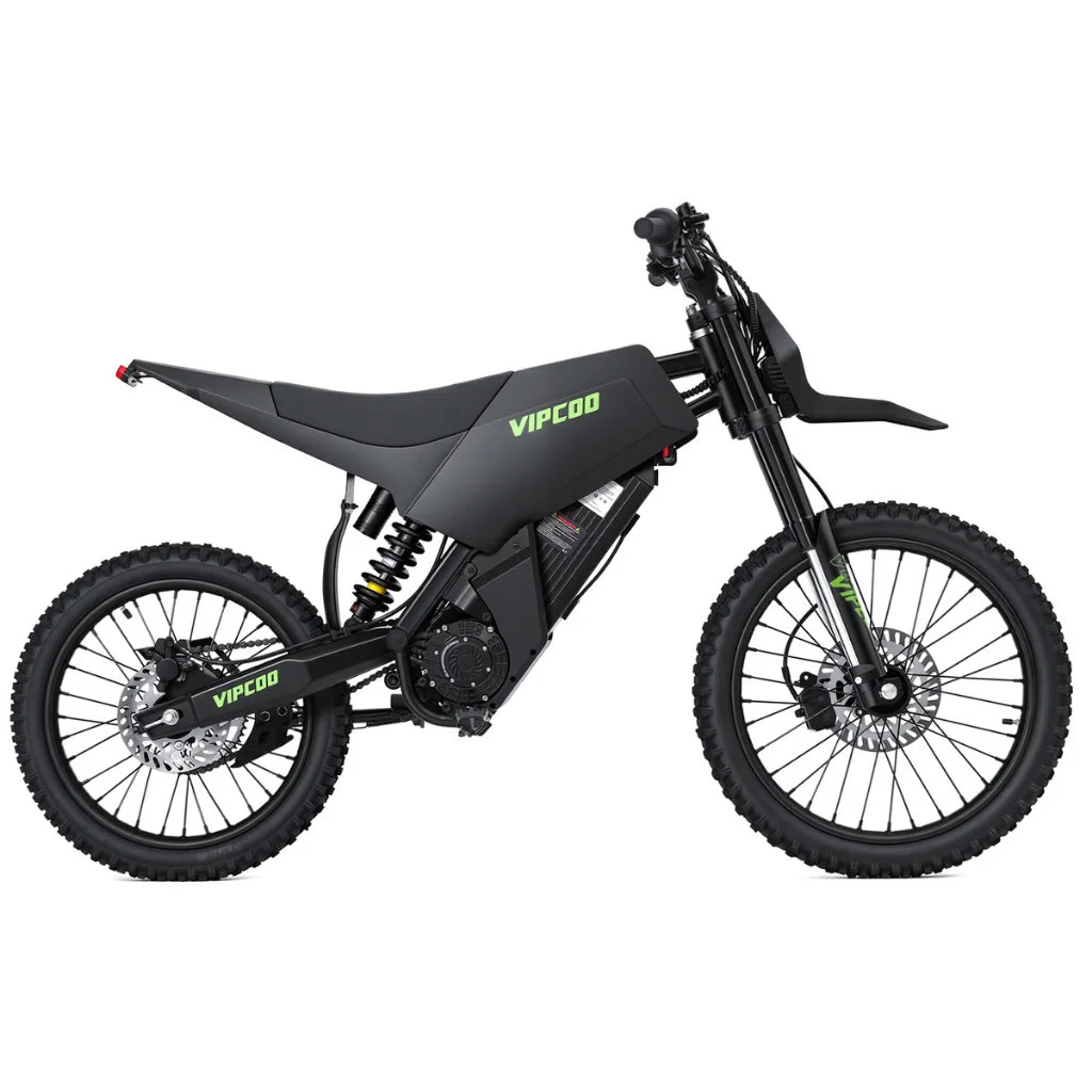 VIPCOO H6 electric dirt bike from The Ebike Shop, showing a sleek black and green off-road motorcycle with rugged tires.