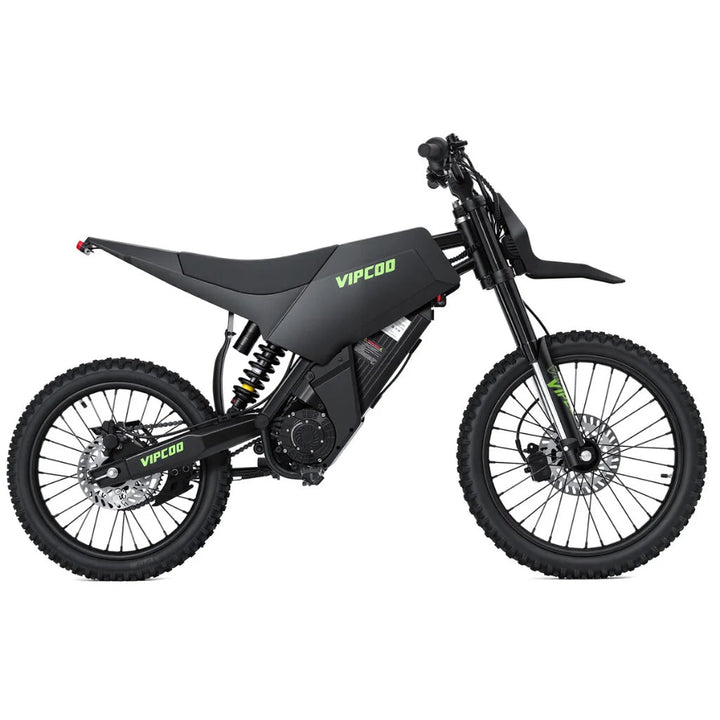 VIPCOO H6 electric dirt bike from The Ebike Shop, showing a sleek black and green off-road motorcycle with rugged tires.