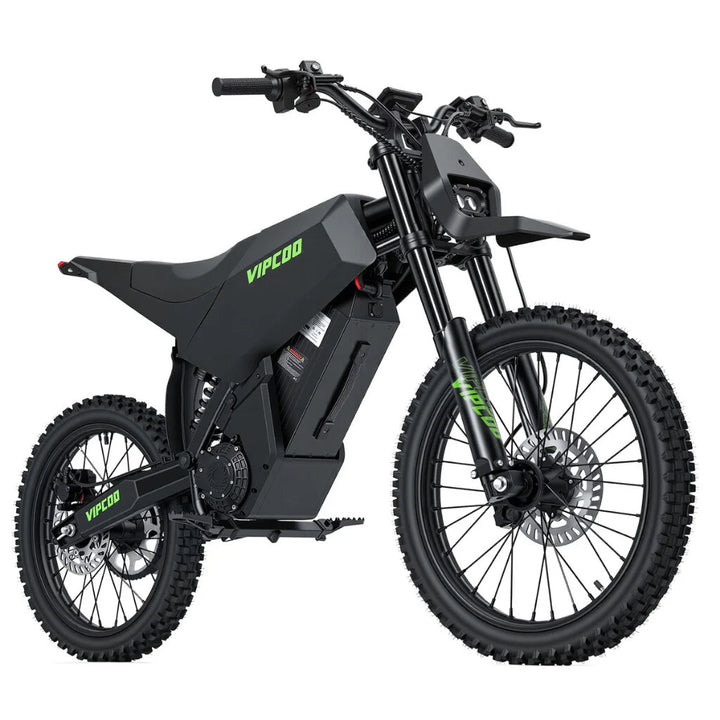 Electric dirt bike VIPCOO H6 by The Ebike Shop, showing a sleek black and red off-road dirt bike with rugged tires and handlebars.
