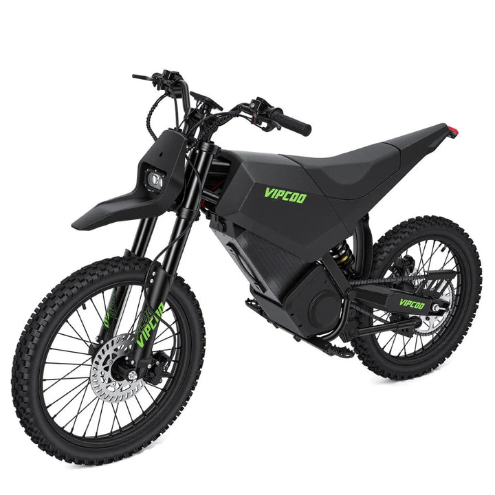 Electric dirt bike by VIPCOO H6 from The Ebike Shop, rugged design, black frame, and off-road tires suitable for young riders.