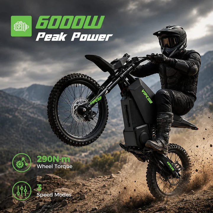 Electric dirt bike by VIPCOO H6 from The Ebike Shop, showing the black and green off-road electric motorcycle with rugged tires.