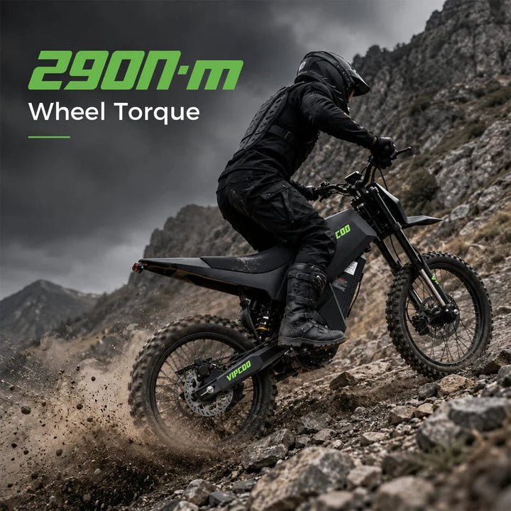Electric dirt bike VIPCOO H6 by The Ebike Shop, shown in black with rugged tires and ergonomic handlebar design.