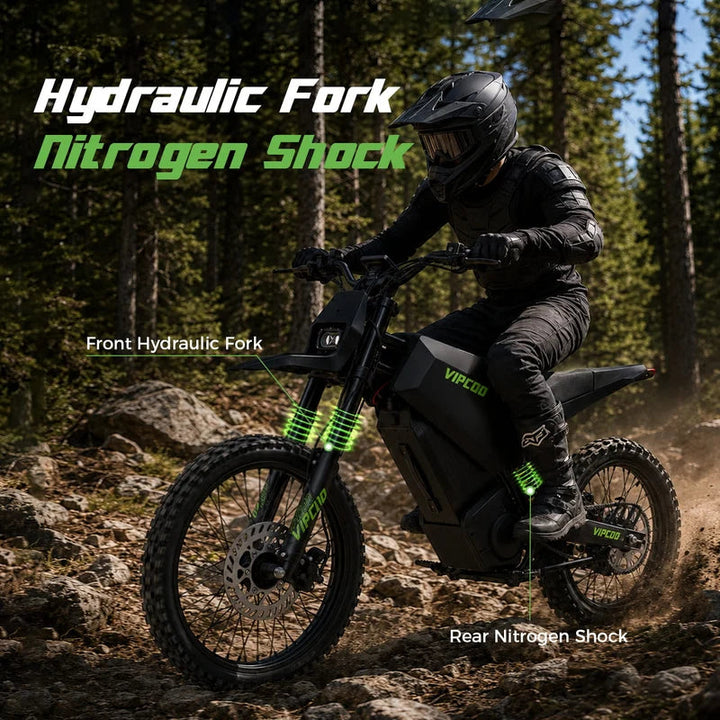 Electric dirt bike VIPCOO H6 by The Ebike Shop, shown with rugged tires and sleek black frame for off-road riding adventures.