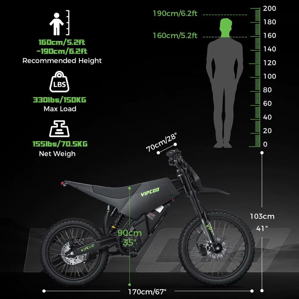 Electric dirt bike by VIPCOO H6, featuring sturdy tires, sleek design, and handlebar controls, suitable for off-road riding.