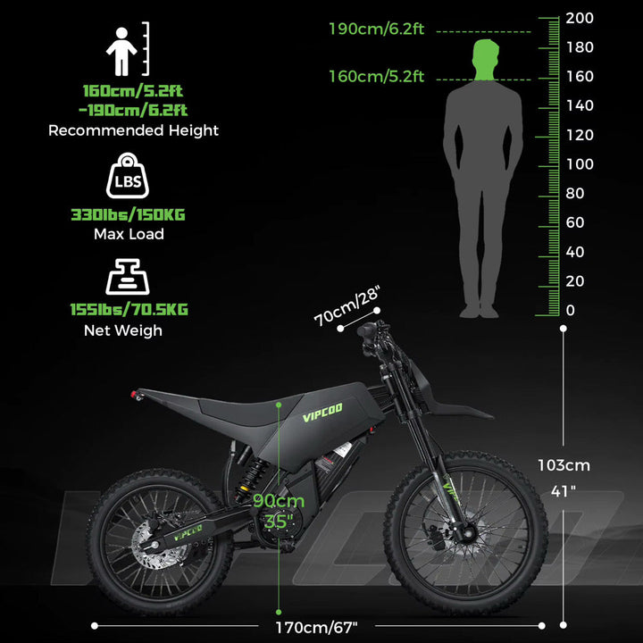 Electric dirt bike by VIPCOO H6, featuring sturdy tires, sleek design, and handlebar controls, suitable for off-road riding.