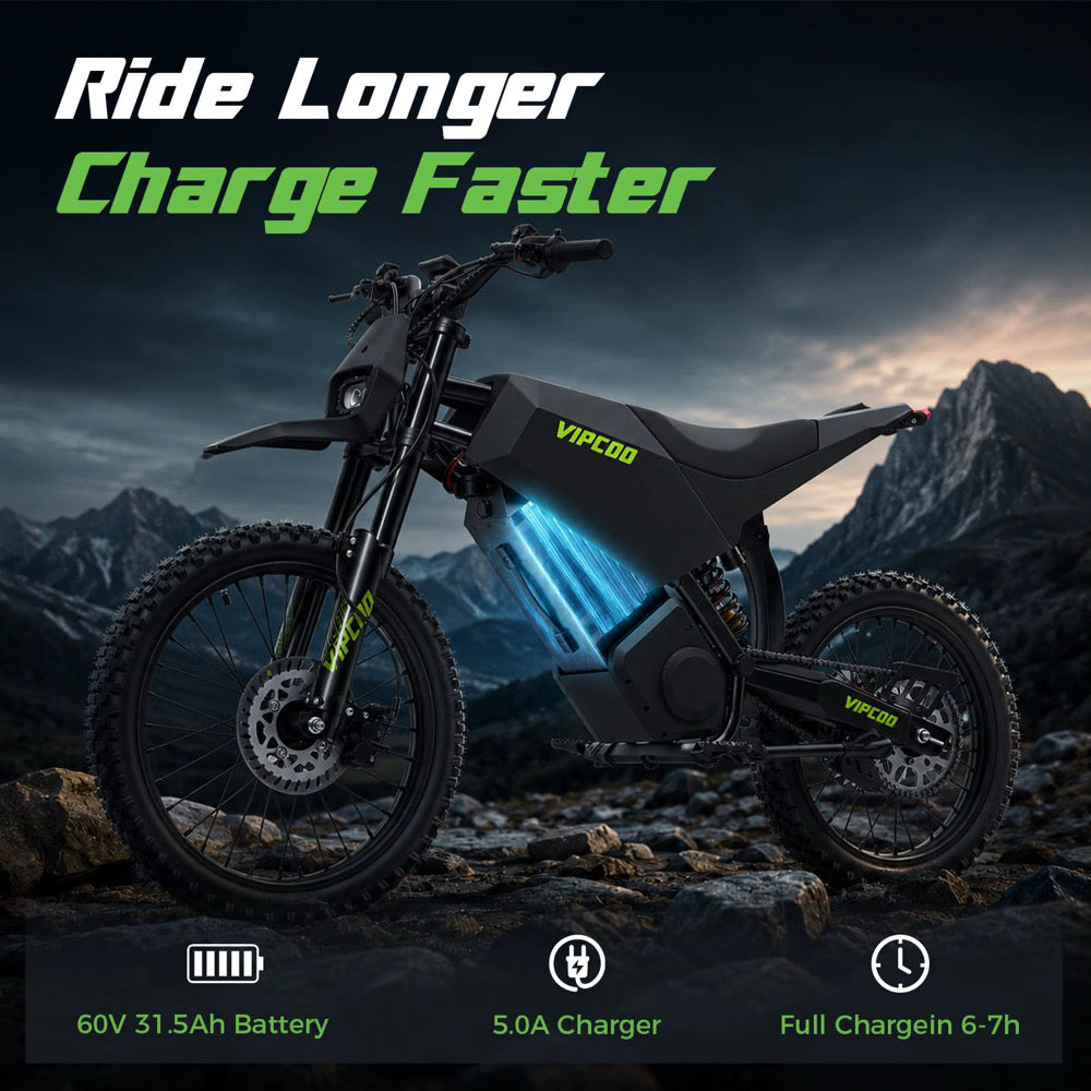 Electric dirt bike by VIPCOO H6 from The Ebike Shop, shown in black with rugged tires and handlebar controls.