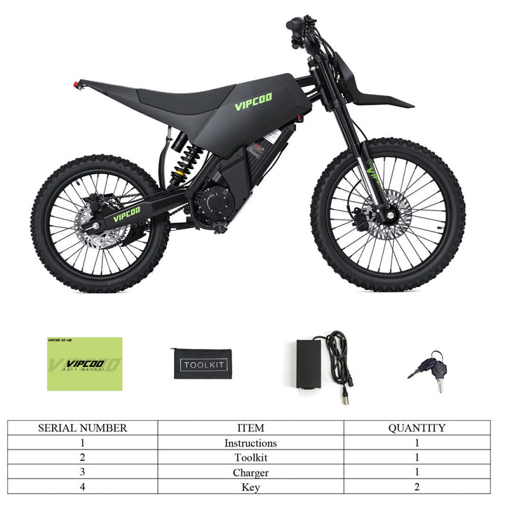 Electric dirt bike by VIPCOO H6, shown in black with knobby tires, rugged design, and handlebar controls suitable for off-road riding.
