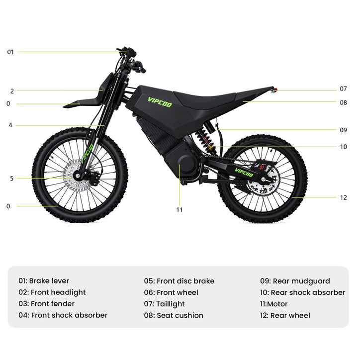 Electric dirt bike in black and red with rugged tires, VIPCOO H6 model from The Ebike Shop, designed for off-road riding.