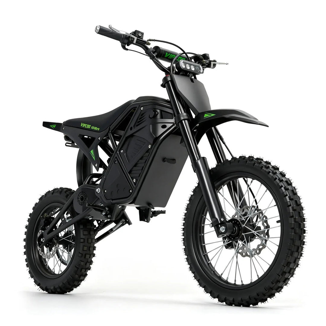Electric dirt bike VIPCOO VP-H3 ULTRA by The Ebike Shop, shown in black with rugged tires and sleek frame design.