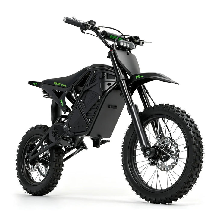Electric dirt bike VIPCOO VP-H3 ULTRA by The Ebike Shop, shown in black with rugged tires and sleek frame design.