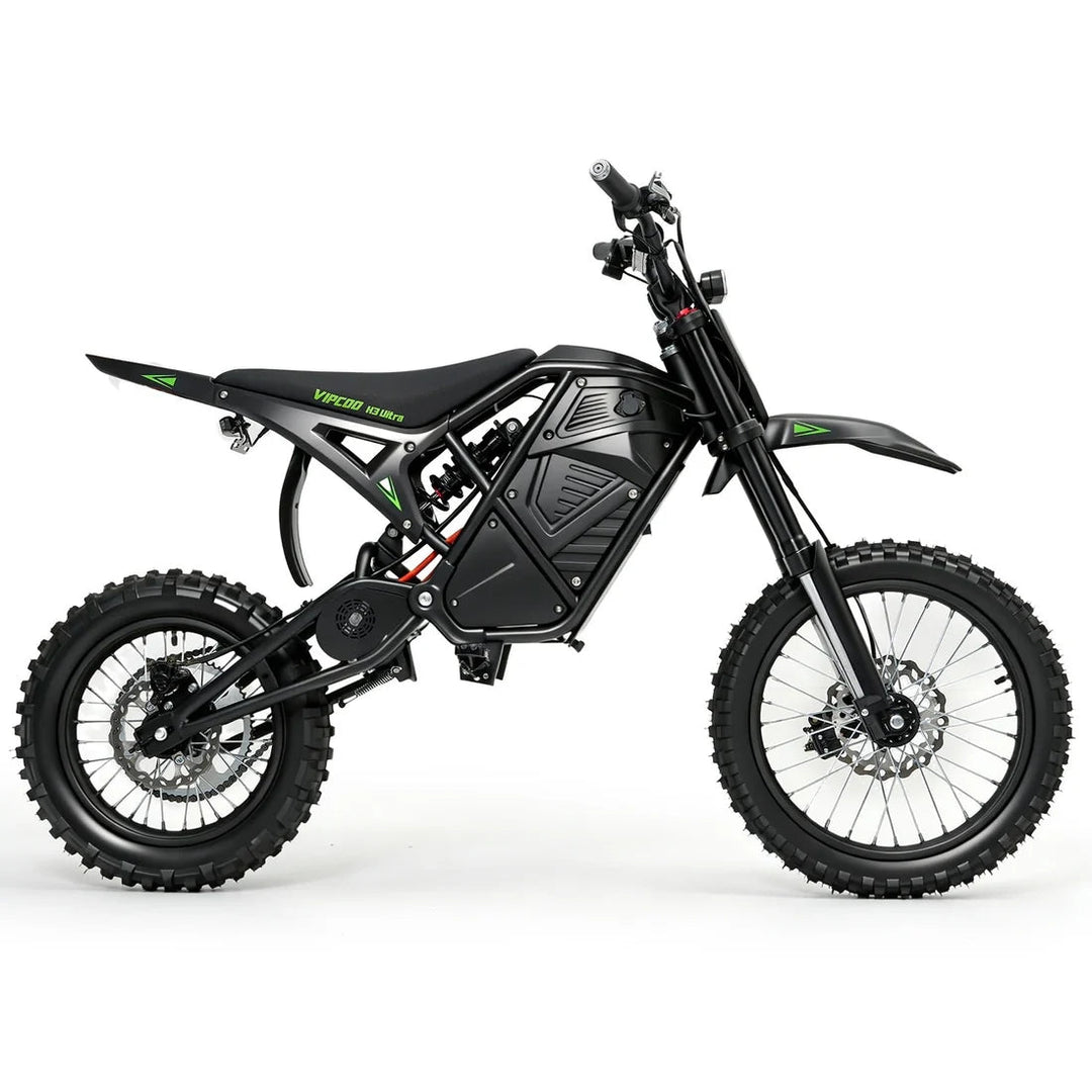 Electric dirt bike VIPCOO VP-H3 Ultra from The Ebike Shop, shown in a sleek design with off-road tires and electric motor.