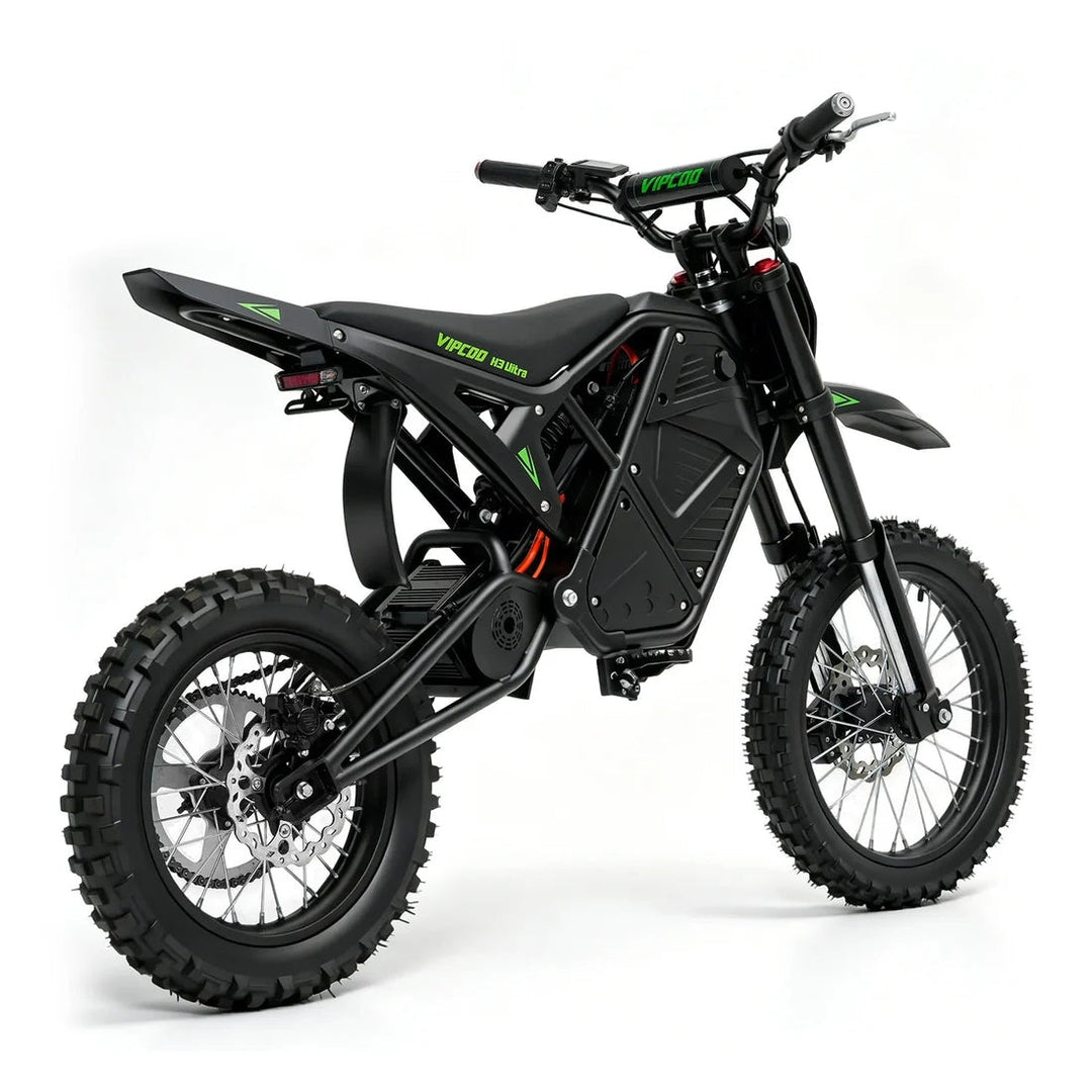 Black VIPCOO VP-H3 Ultra electric dirt bike with rugged tires and sleek design, ready for off-road adventures.