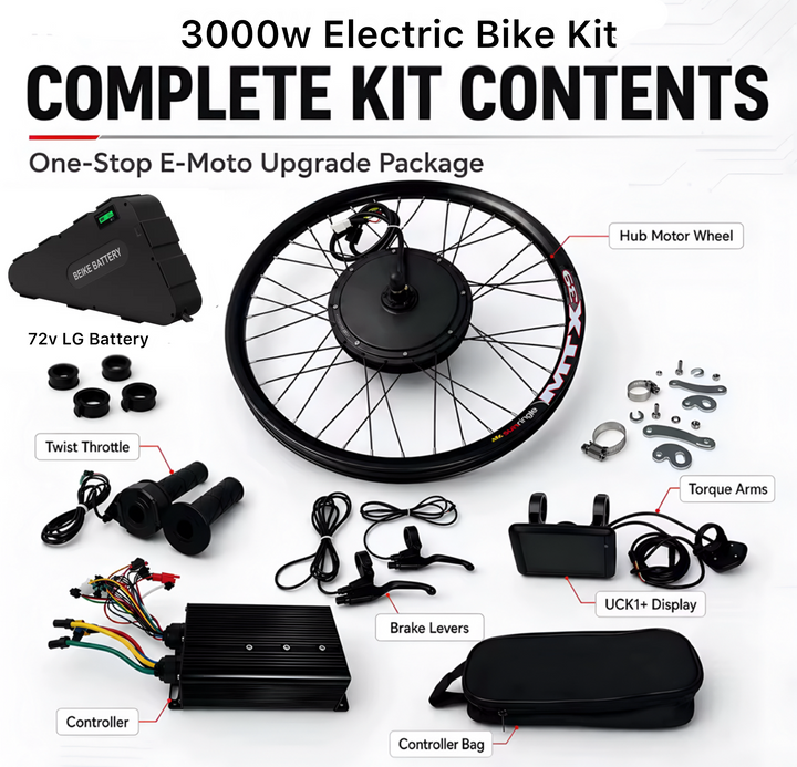 Electric conversion kit with 72V 3000W motor and battery from The Ebike Shop, includes motor, controller, and battery pack.