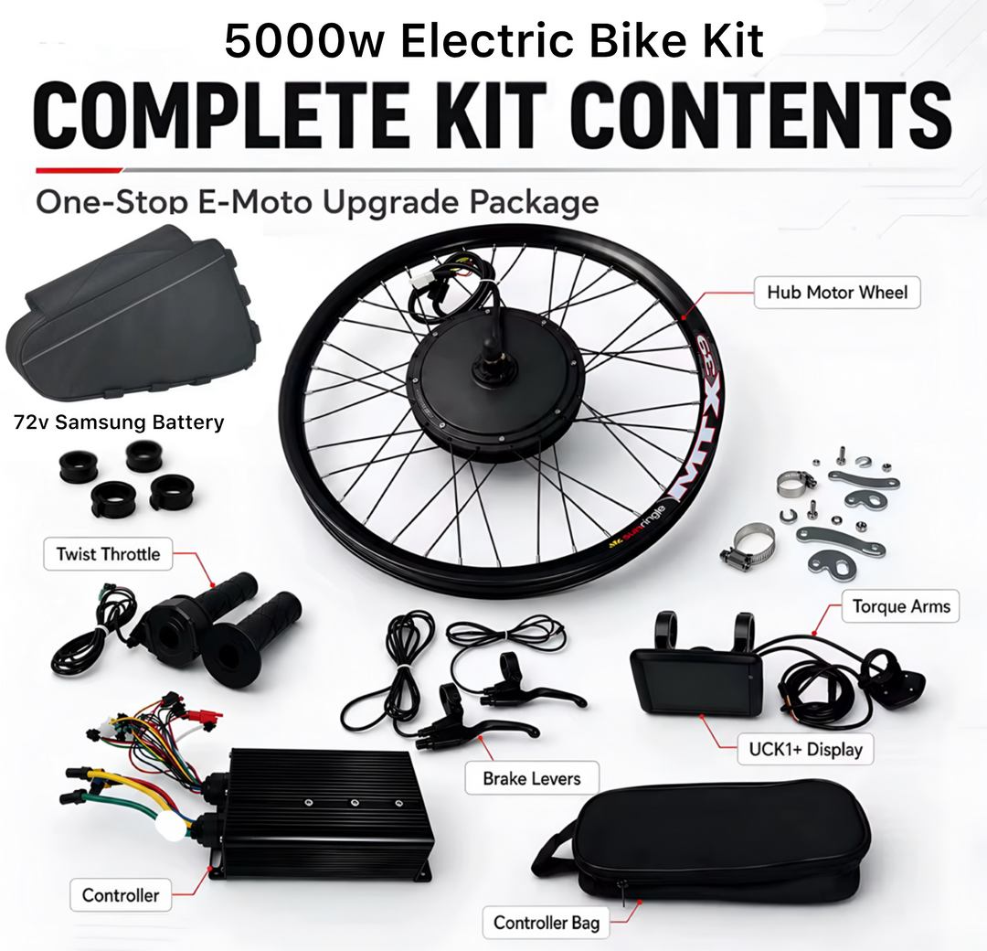 72V 5000W electric ebike conversion kit with battery from The Ebike Shop, including motor, controller, and wiring for bike upgrade.