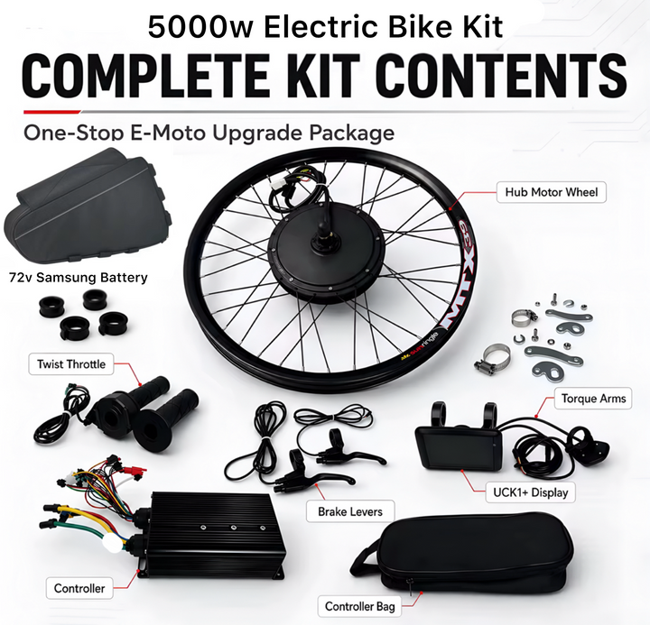 72V 5000W electric ebike conversion kit with battery from The Ebike Shop, including motor, controller, and wiring for bike upgrade.